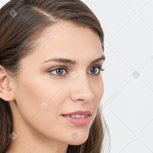 Neutral white young-adult female with long  brown hair and brown eyes