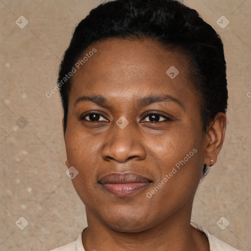 Joyful black young-adult female with short  black hair and brown eyes