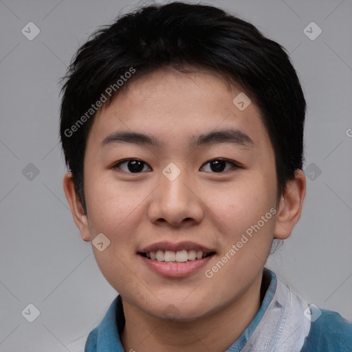 Joyful asian young-adult male with short  brown hair and brown eyes