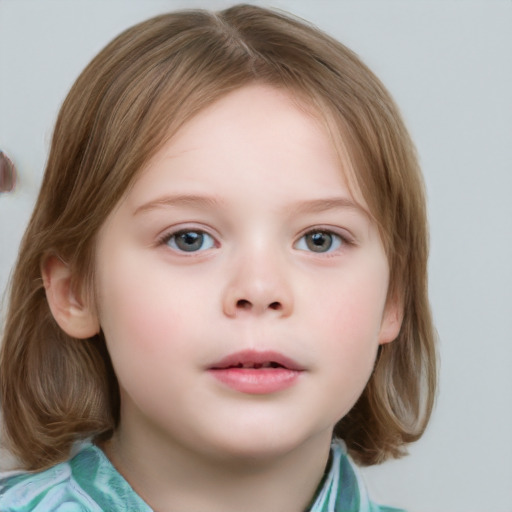 Neutral white child female with medium  brown hair and grey eyes