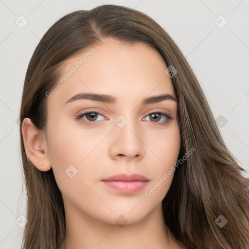 Neutral white young-adult female with long  brown hair and brown eyes