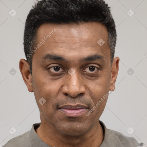 Joyful latino adult male with short  black hair and brown eyes