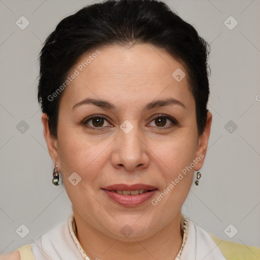 Joyful white adult female with short  brown hair and brown eyes