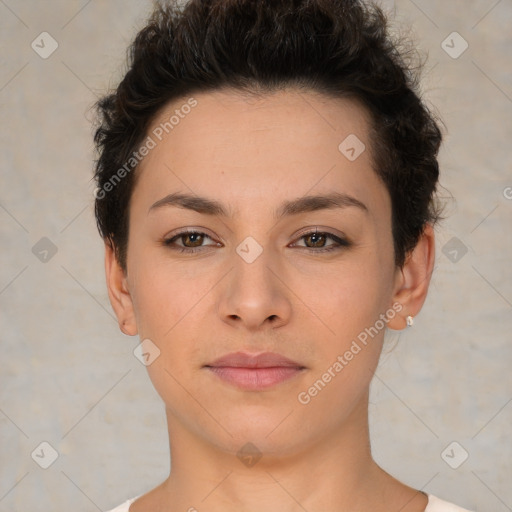 Neutral white young-adult female with short  brown hair and brown eyes