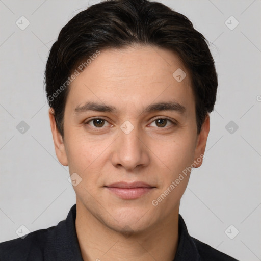 Joyful white young-adult male with short  brown hair and brown eyes