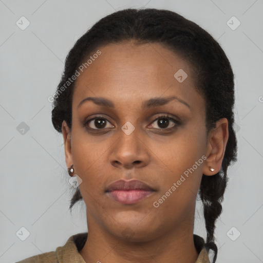 Neutral latino young-adult female with short  black hair and brown eyes