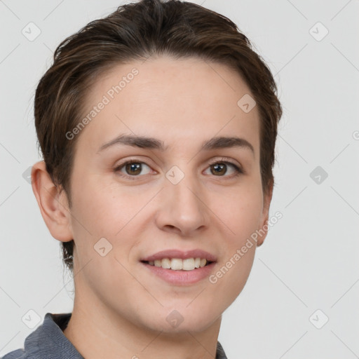 Joyful white young-adult female with short  brown hair and brown eyes