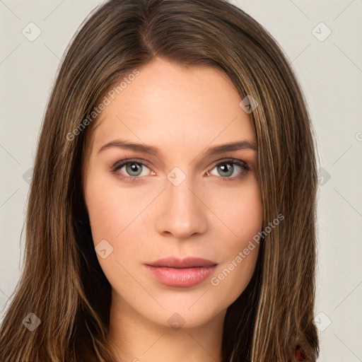 Neutral white young-adult female with long  brown hair and brown eyes