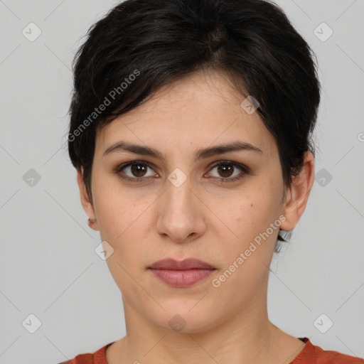 Neutral white young-adult female with short  brown hair and brown eyes