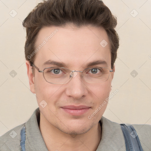 Joyful white adult male with short  brown hair and grey eyes