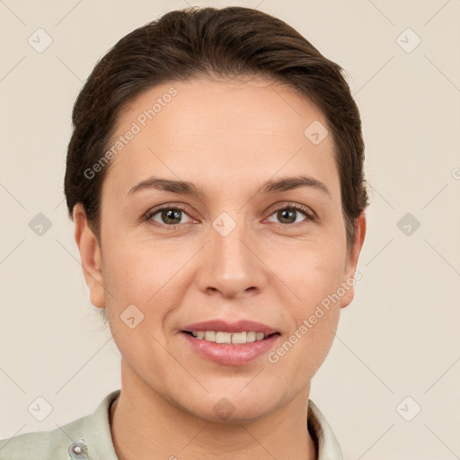 Joyful white young-adult female with short  brown hair and brown eyes