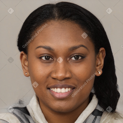 Joyful latino young-adult female with short  black hair and brown eyes