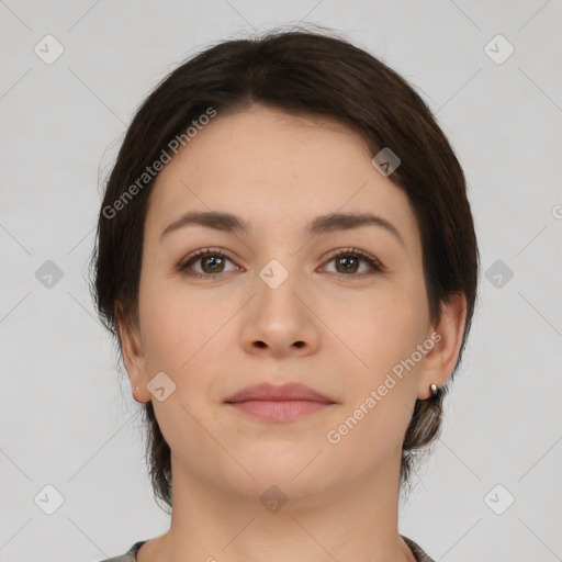 Neutral white young-adult female with short  brown hair and brown eyes