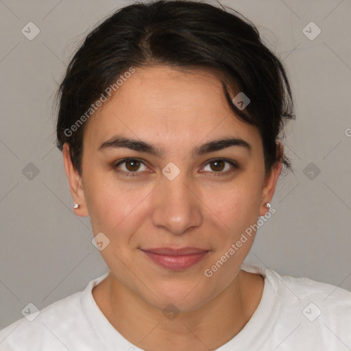 Joyful white young-adult female with short  brown hair and brown eyes