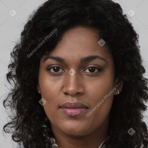 Joyful asian young-adult female with long  black hair and brown eyes