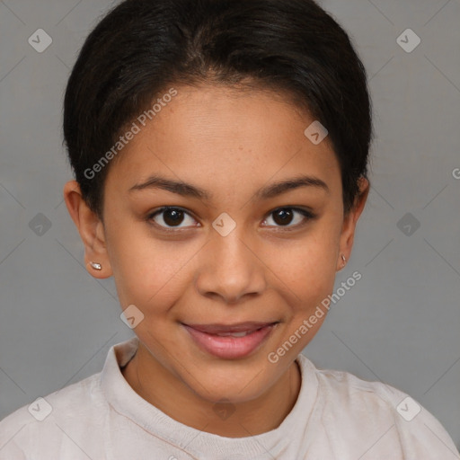 Joyful latino young-adult female with short  brown hair and brown eyes