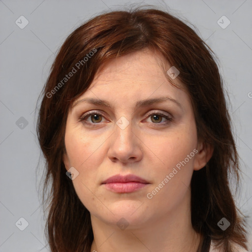 Neutral white young-adult female with medium  brown hair and brown eyes