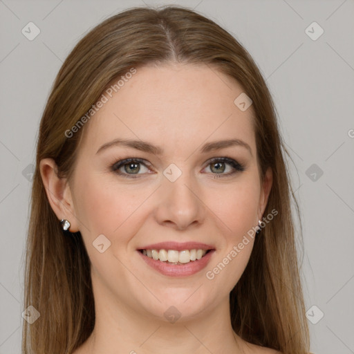 Joyful white young-adult female with long  brown hair and grey eyes