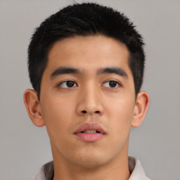 Neutral asian young-adult male with short  black hair and brown eyes