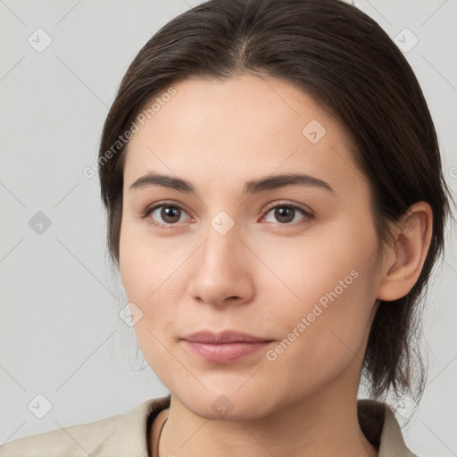 Neutral white young-adult female with medium  brown hair and brown eyes