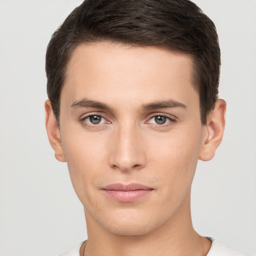 Neutral white young-adult male with short  brown hair and brown eyes