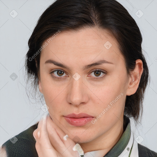 Neutral white young-adult female with medium  brown hair and brown eyes