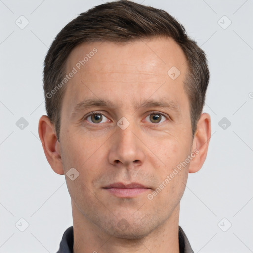 Neutral white adult male with short  brown hair and brown eyes