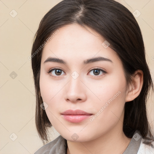 Neutral white young-adult female with medium  brown hair and brown eyes