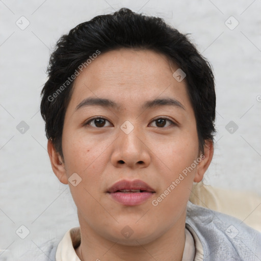 Neutral asian young-adult female with short  brown hair and brown eyes