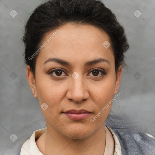 Joyful latino young-adult female with short  brown hair and brown eyes