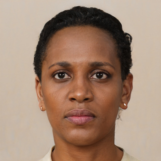 Neutral black young-adult female with short  black hair and brown eyes