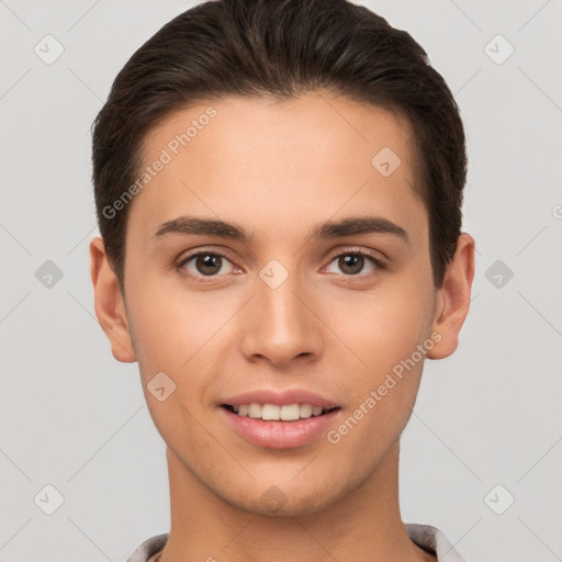 Joyful white young-adult male with short  brown hair and brown eyes