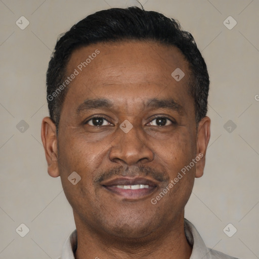 Joyful latino adult male with short  black hair and brown eyes
