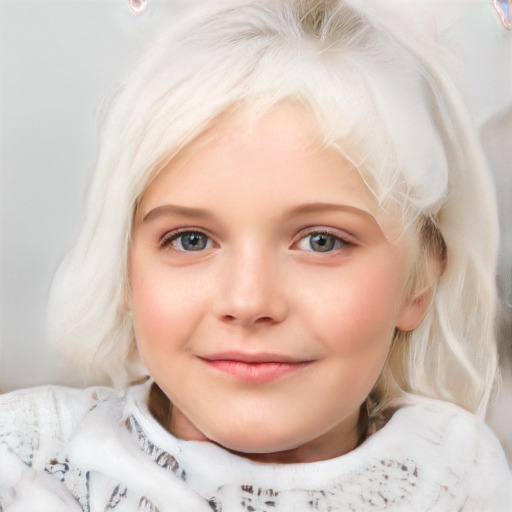 Joyful white child female with medium  blond hair and blue eyes