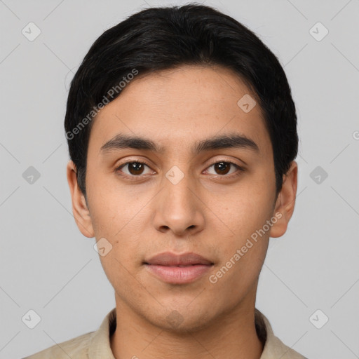 Neutral latino young-adult male with short  black hair and brown eyes