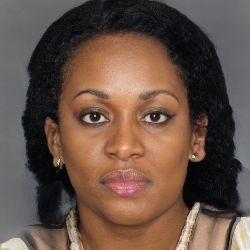 Neutral black young-adult female with long  brown hair and brown eyes
