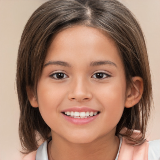 Joyful white child female with medium  brown hair and brown eyes