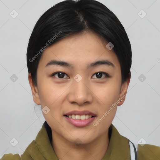 Joyful asian young-adult female with short  brown hair and brown eyes