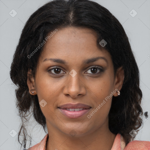 Joyful black young-adult female with medium  brown hair and brown eyes