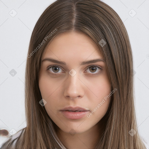 Neutral white young-adult female with long  brown hair and brown eyes