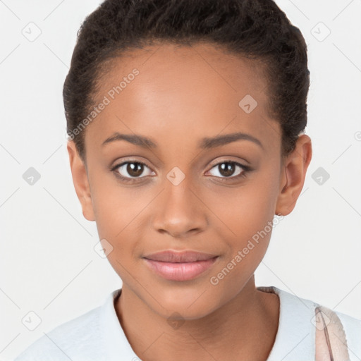 Joyful latino young-adult female with short  brown hair and brown eyes