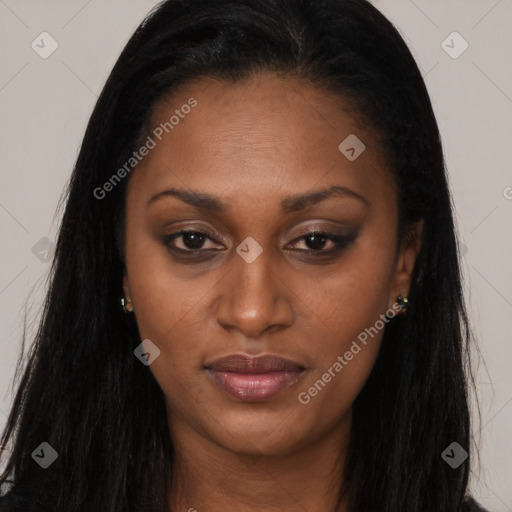 Joyful latino young-adult female with long  brown hair and brown eyes