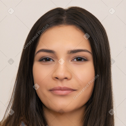 Neutral latino young-adult female with long  brown hair and brown eyes