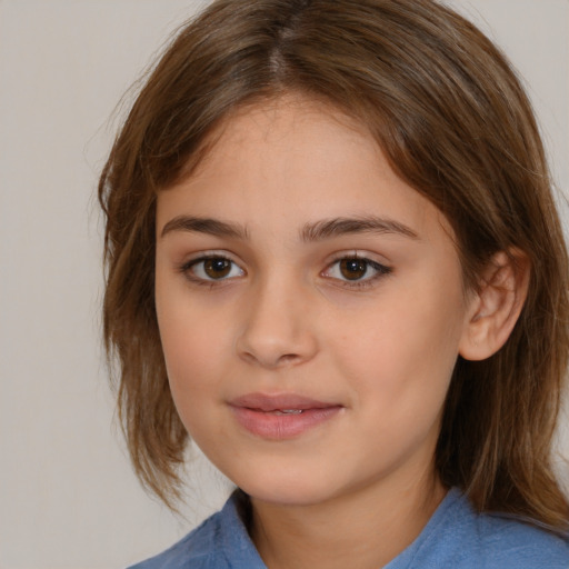 Joyful white child female with medium  brown hair and brown eyes