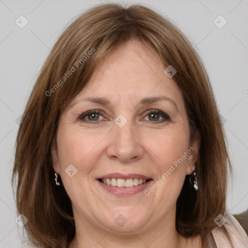 Joyful white adult female with medium  brown hair and grey eyes