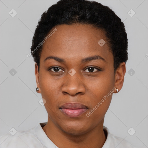 Neutral black young-adult female with short  black hair and brown eyes