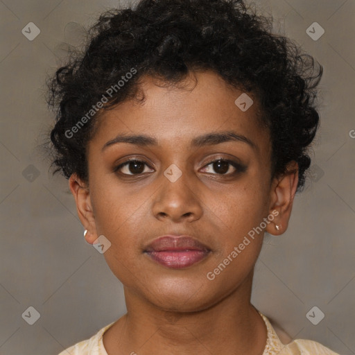 Neutral black young-adult female with short  brown hair and brown eyes