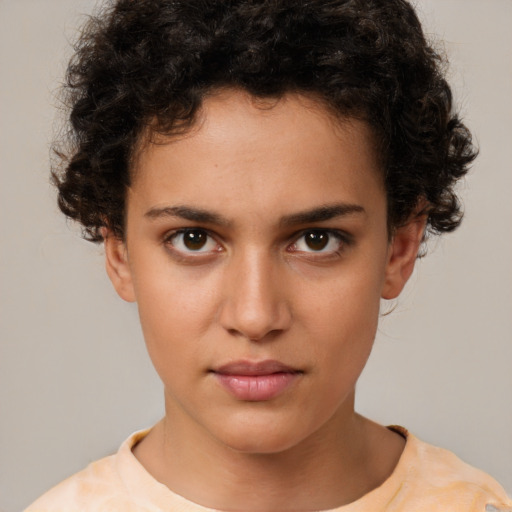 Neutral white young-adult female with short  brown hair and brown eyes