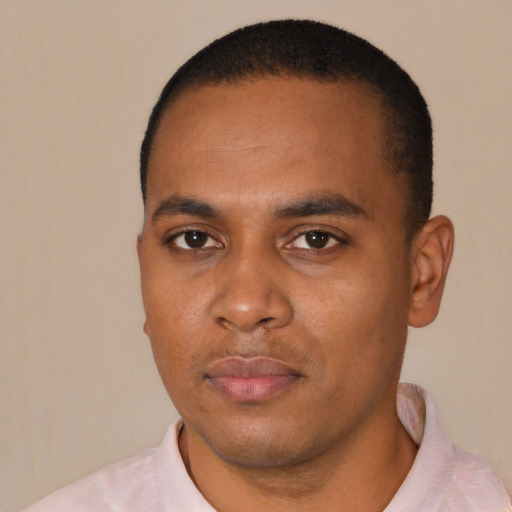 Neutral black young-adult male with short  black hair and brown eyes