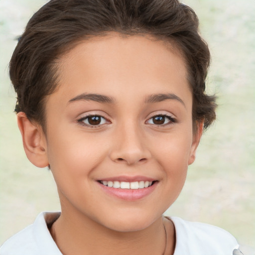 Joyful white child female with short  brown hair and brown eyes